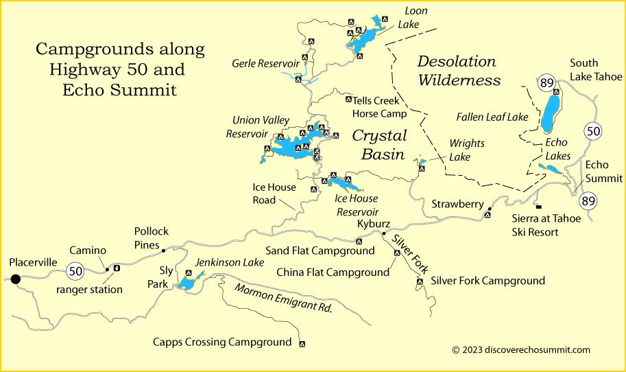 map of campgrounds along Highway 50 and Echo Summit, CA