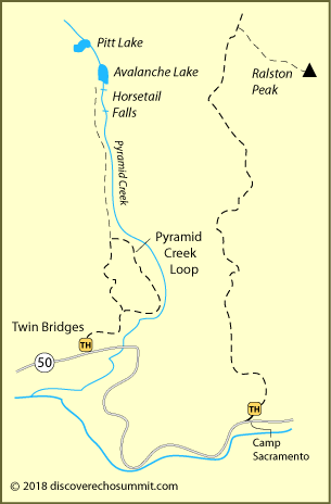 map of Horsetail Falls trail and Ralston Peak trail at Echo Summit, CA