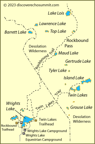 map of trails from Wrights Lake to Lake Lois in the Desolation Wilderness, CA