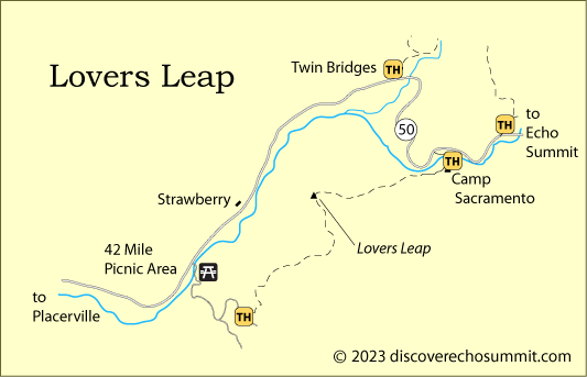 map of trails to Lovers Leap at Strawberry, near Echo Summit, CA