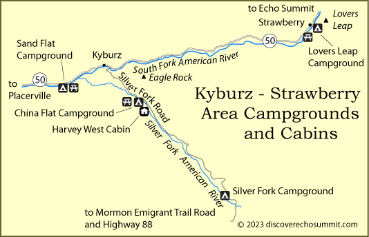 map of campgrounds near Kyburz, Strawberry, and the Silver Fork along Highway 50 near Echo summit, CA