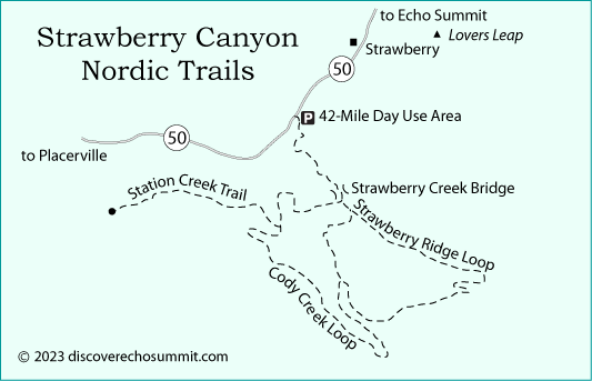 map of cross country ski trails in Strawberry Canyon along Highway 50 near Echo summit, CA